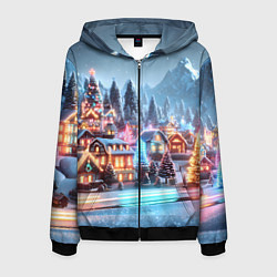 Толстовка 3D на молнии мужская Городок в новогодних огоньках, цвет: 3D-черный