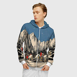 Толстовка 3D на молнии мужская Небольшой новогодний город в горах, цвет: 3D-белый — фото 2