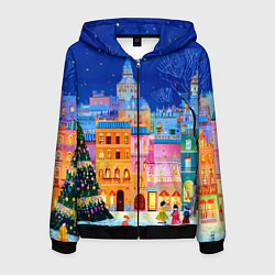 Толстовка 3D на молнии мужская Разноцветные новогодние домики, цвет: 3D-черный