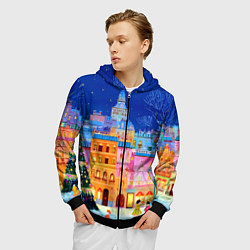 Толстовка 3D на молнии мужская Разноцветные новогодние домики, цвет: 3D-черный — фото 2