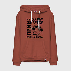 Толстовка-худи хлопковая мужская Жизнь при капитализме, цвет: кирпичный