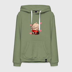 Толстовка-худи хлопковая мужская Маленький Казуха ест геншин импакт, цвет: авокадо