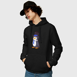 Толстовка-худи хлопковая мужская Пингвин в цилиндре, цвет: черный — фото 2