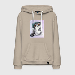 Толстовка-худи хлопковая мужская Новогодний котёнок, цвет: миндальный