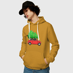 Толстовка-худи хлопковая мужская Новогодняя машина с праздничной елкой, цвет: горчичный — фото 2