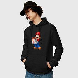 Толстовка-худи хлопковая мужская Марио держит подарок, цвет: черный — фото 2