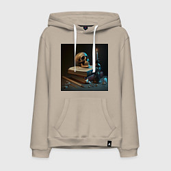 Толстовка-худи хлопковая мужская Уроки вечности - череп на книгах, цвет: миндальный