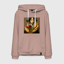 Толстовка-худи хлопковая мужская Девушка с цветами в стиле экспрессионизм, дизайн 1, цвет: пыльно-розовый