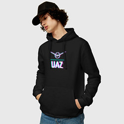 Толстовка-худи хлопковая мужская Значок UAZ в стиле glitch, цвет: черный — фото 2