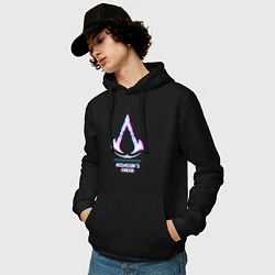 Толстовка-худи хлопковая мужская Assassins Creed в стиле glitch и баги графики, цвет: черный — фото 2