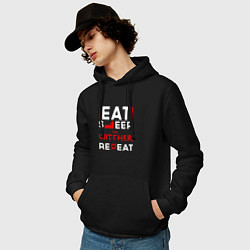 Толстовка-худи хлопковая мужская Надпись eat sleep The Witcher repeat, цвет: черный — фото 2