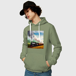 Толстовка-худи хлопковая мужская Ретро поезд, цвет: авокадо — фото 2