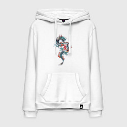 Толстовка-худи хлопковая мужская Китайский дракон с иероглифами, цвет: белый