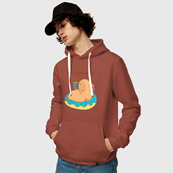 Толстовка-худи хлопковая мужская Капибара с пончиком dont worry be capy, цвет: кирпичный — фото 2