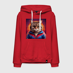 Толстовка-худи хлопковая мужская Полосатый кот в спортивной куртке, цвет: красный