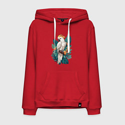 Толстовка-худи хлопковая мужская Попугай какаду и тропические листья, цвет: красный