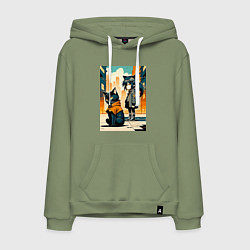 Толстовка-худи хлопковая мужская Кот и девочка гуляют на своём районе - нейросеть, цвет: авокадо