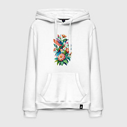 Толстовка-худи хлопковая мужская Колибри среди цветов, цвет: белый