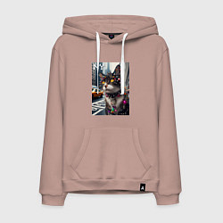 Толстовка-худи хлопковая мужская Пирсинг Нью-Йоркского кота - нейросеть, цвет: пыльно-розовый