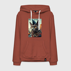 Толстовка-худи хлопковая мужская Уличный кот панк музыкант - нейросеть, цвет: кирпичный
