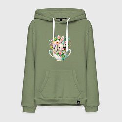 Толстовка-худи хлопковая мужская Милый кролик акварельная чашечка цветы, цвет: авокадо