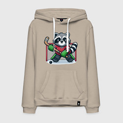 Толстовка-худи хлопковая мужская Енот хоккеист вратарь, цвет: миндальный