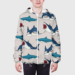 Куртка с капюшоном мужская Кровожадные акулы паттерн, цвет: 3D-белый — фото 2