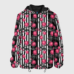 Куртка с капюшоном мужская Акварельные розы на полосатом, цвет: 3D-черный