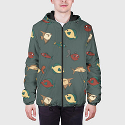 Куртка с капюшоном мужская Морские рыбки на зеленом фоне, цвет: 3D-черный — фото 2