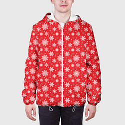 Куртка с капюшоном мужская Снежинки красный фон, цвет: 3D-белый — фото 2