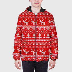 Куртка с капюшоном мужская Новогодний узор с оленями и елкой, цвет: 3D-черный — фото 2
