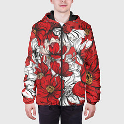 Куртка с капюшоном мужская Цветы на алом фоне, цвет: 3D-черный — фото 2
