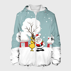 Куртка с капюшоном мужская Деревенский Новый Год Дед Мороз и Олень, цвет: 3D-белый