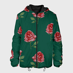 Куртка с капюшоном мужская Ярко красные розы на темно-зеленом фоне, цвет: 3D-черный