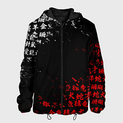 Куртка с капюшоном мужская КРАСНО БЕЛЫЕ ИЕРОГЛИФЫ ЯПОНИЯ БРЫЗГИ, цвет: 3D-черный