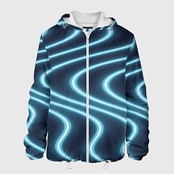 Куртка с капюшоном мужская Неоновый свет Волны голубые на темном фоне, цвет: 3D-белый