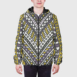 Куртка с капюшоном мужская Абстрактный узор в стиле дудл Желтый, серый и белы, цвет: 3D-черный — фото 2