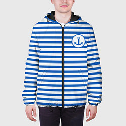 Куртка с капюшоном мужская Морская тельняшка - бело-синие полосы и якорь, цвет: 3D-черный — фото 2