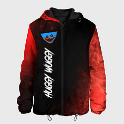 Куртка с капюшоном мужская Надпись и лицо Huggy Wuggy на темном фоне с огнем, цвет: 3D-черный