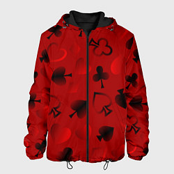 Куртка с капюшоном мужская Карты карточные масти на красном фоне, цвет: 3D-черный