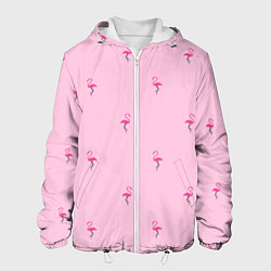 Куртка с капюшоном мужская Фламинго на розовом фоне, цвет: 3D-белый