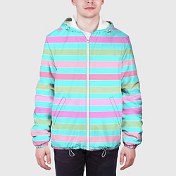 Куртка с капюшоном мужская Pink turquoise stripes horizontal Полосатый узор, цвет: 3D-белый — фото 2