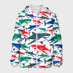 Куртка с капюшоном мужская Стая разноцветных акул - паттерн, цвет: 3D-белый