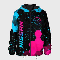 Куртка с капюшоном мужская Nissan - neon gradient: символ и надпись вертикаль, цвет: 3D-черный