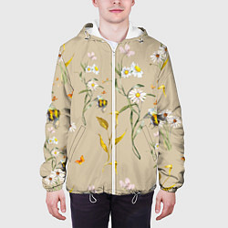 Куртка с капюшоном мужская Нарисованные Цветы Ромашки и Пчёлы, цвет: 3D-белый — фото 2