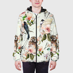 Куртка с капюшоном мужская Цветы Нарисованные Магнолии и Птицы, цвет: 3D-черный — фото 2