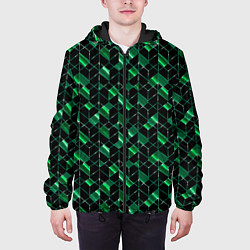 Куртка с капюшоном мужская Геометрический узор, зеленые фигуры на черном, цвет: 3D-черный — фото 2