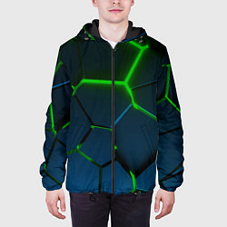 Куртка с капюшоном мужская Разлом зеленых неоновых плит - геометрия, цвет: 3D-черный — фото 2