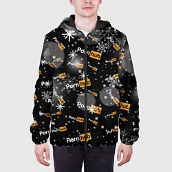 Куртка с капюшоном мужская Надписи Porn Hub - снежинки, цвет: 3D-черный — фото 2