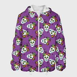 Куртка с капюшоном мужская Сахарные черепа на фиолетовом паттерн, цвет: 3D-белый